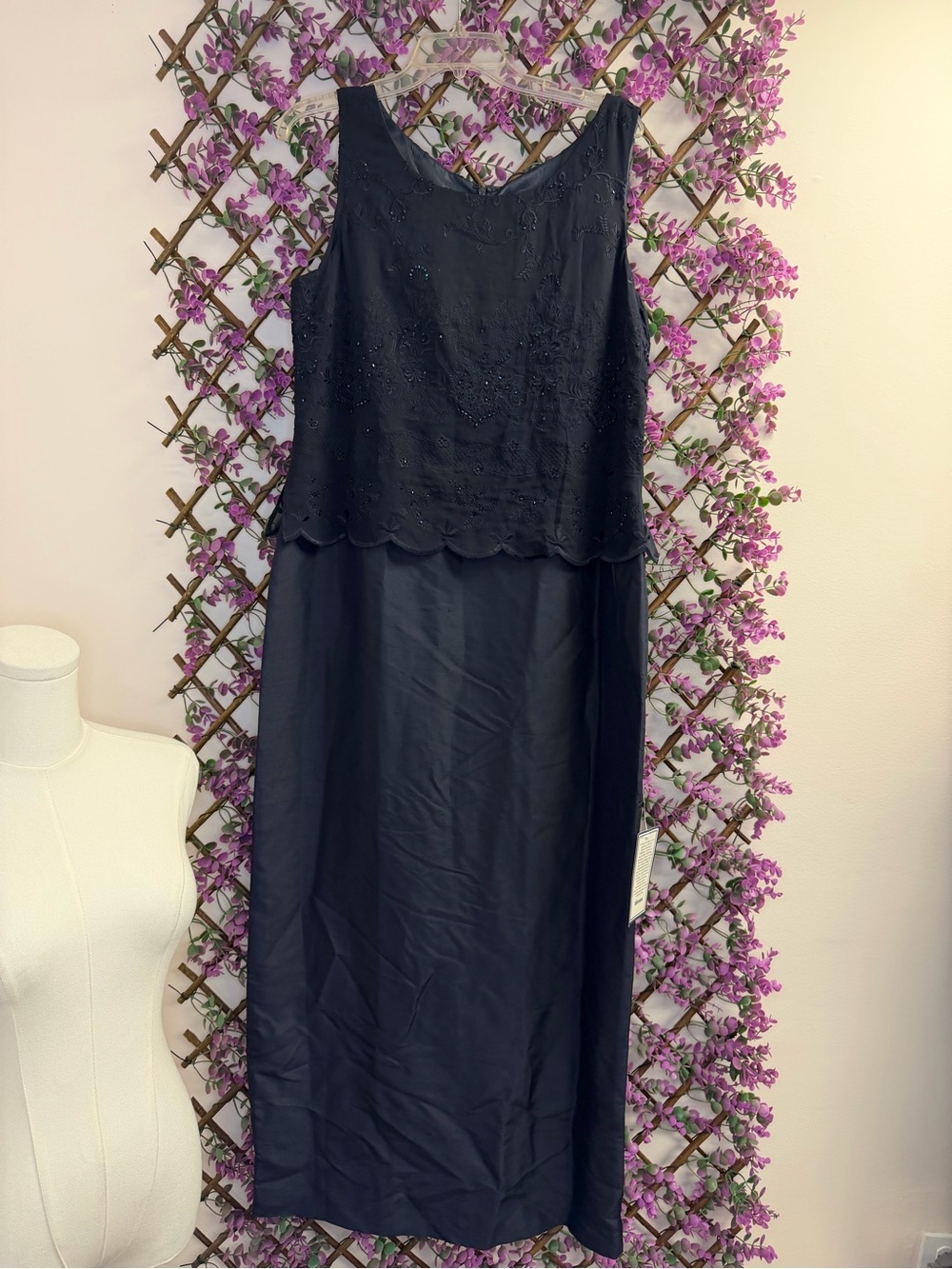 NWT Navy Beaded Overlay Mother of the Bride Silk Shell Floor Length Gown